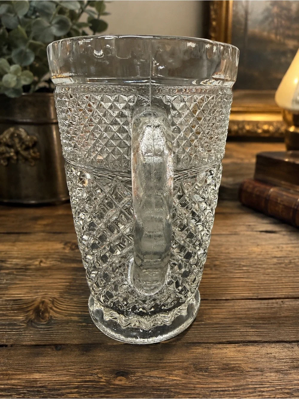 Vintage Clear Pressed Glass Diamond Point Water Pitcher Starburst Base 9”